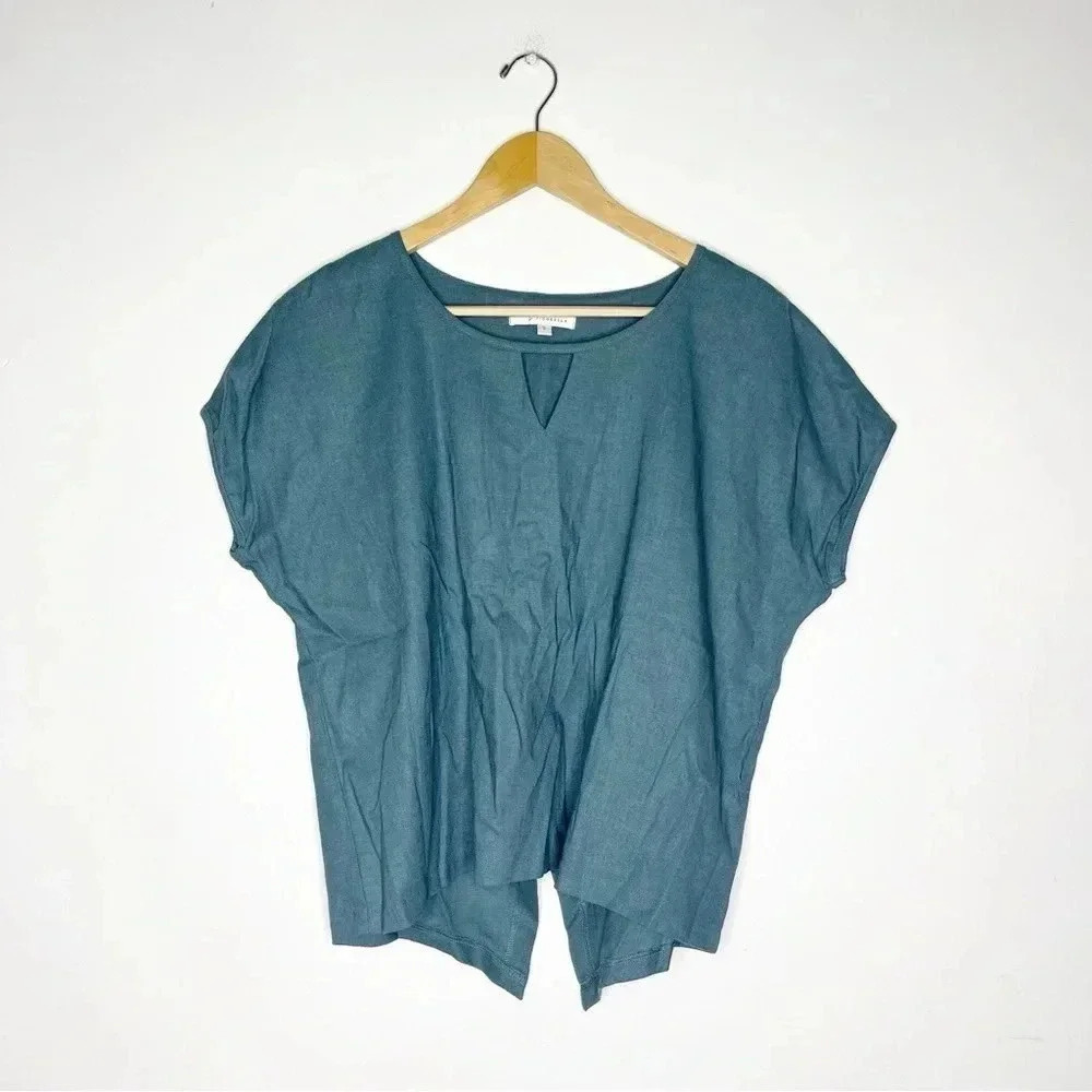 Vigorella Australia Linen Teal Short Sleeve Blouse Size Small